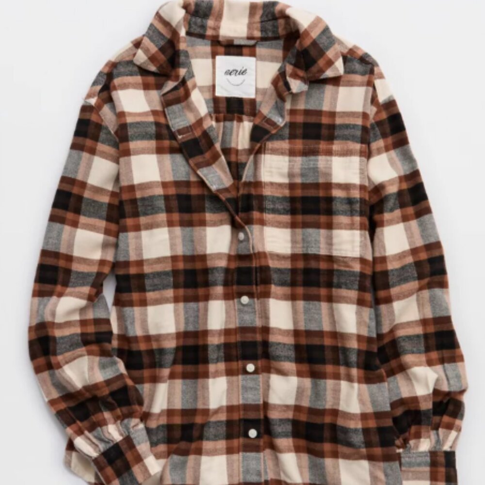 Aerie Brown Plaid Flannel Button Down Shirt in Brown and Cream